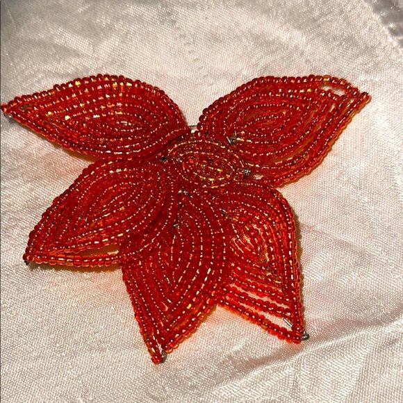 Orange Beaded Flower Brooch - Picture 1 of 4